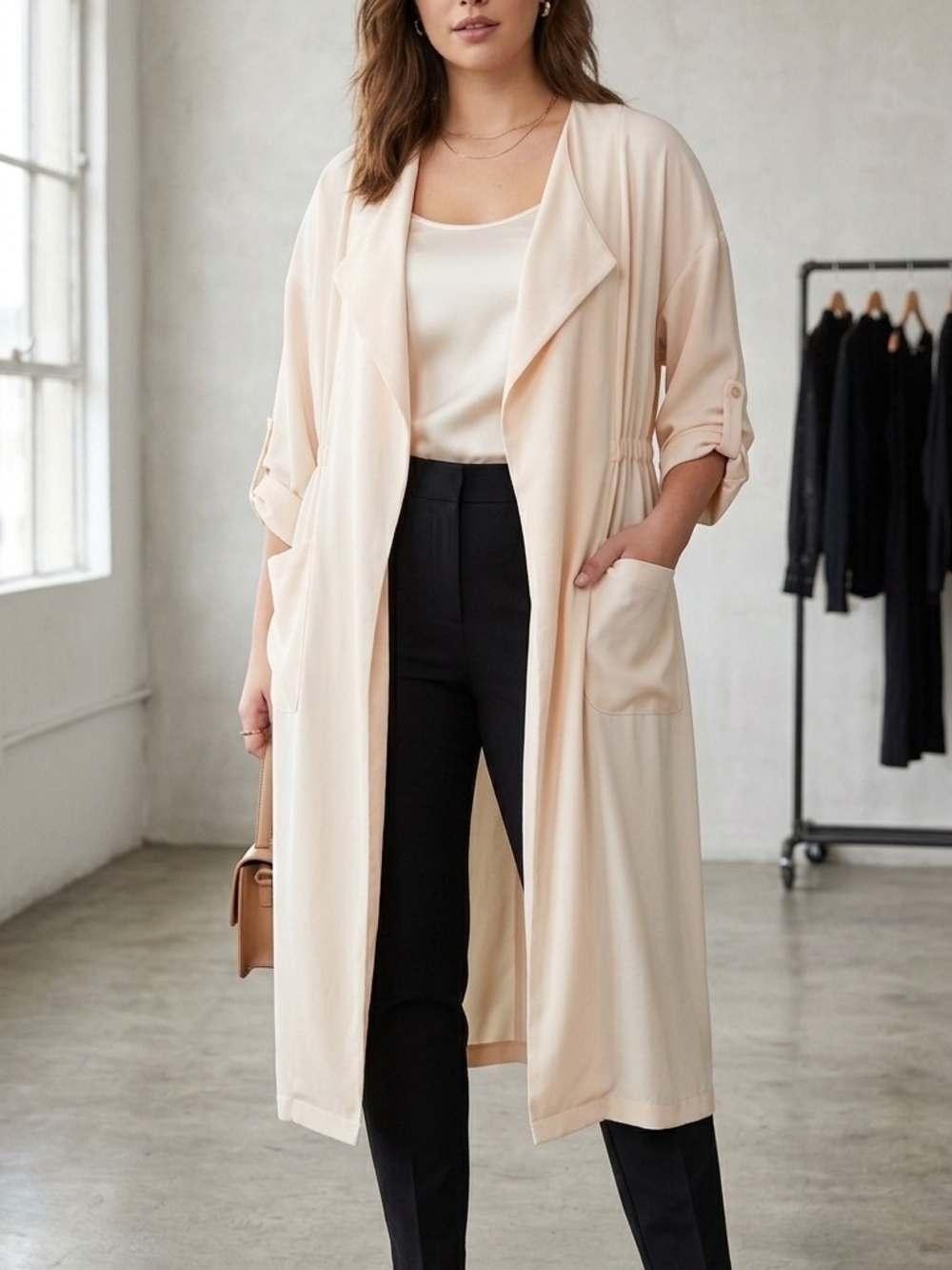 Tahari Light Blush Longline Duster Trench Coat